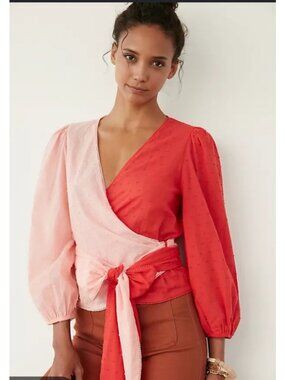 Colorblock Wrap Blouse With Puff Sleeves & Textured Dotted Fabric Pink & Red Tie